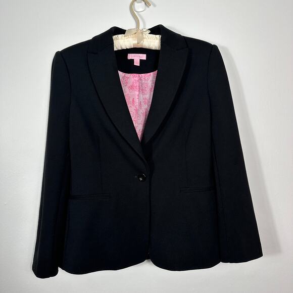 Lilly Pulitzer Black One Button Blazer Jacket Women’s Small Pink Script Lining - Picture 3 of 14